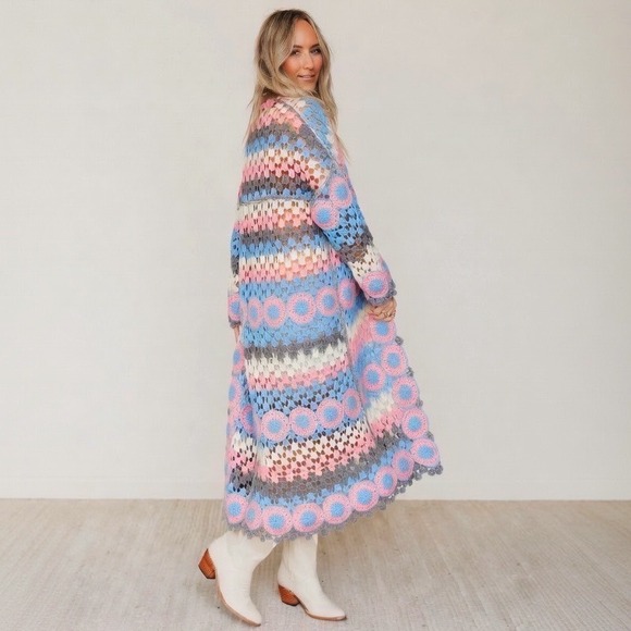 POL Sweaters - POL Dreamside Crochet Longline Open Front Cardigan Pastel Granny Square Boho OS
